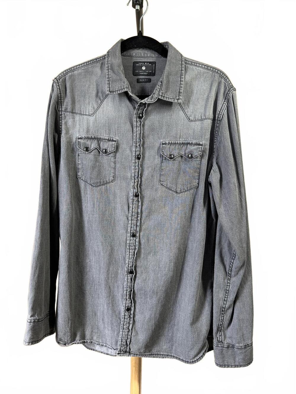 Zara Man Gray Denim Button-Up Shirt